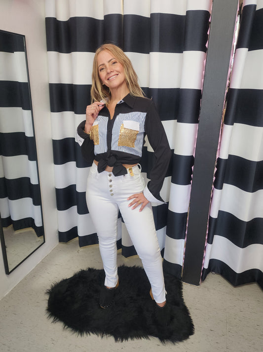 Black, Stipes & Gold Sequin Blouse