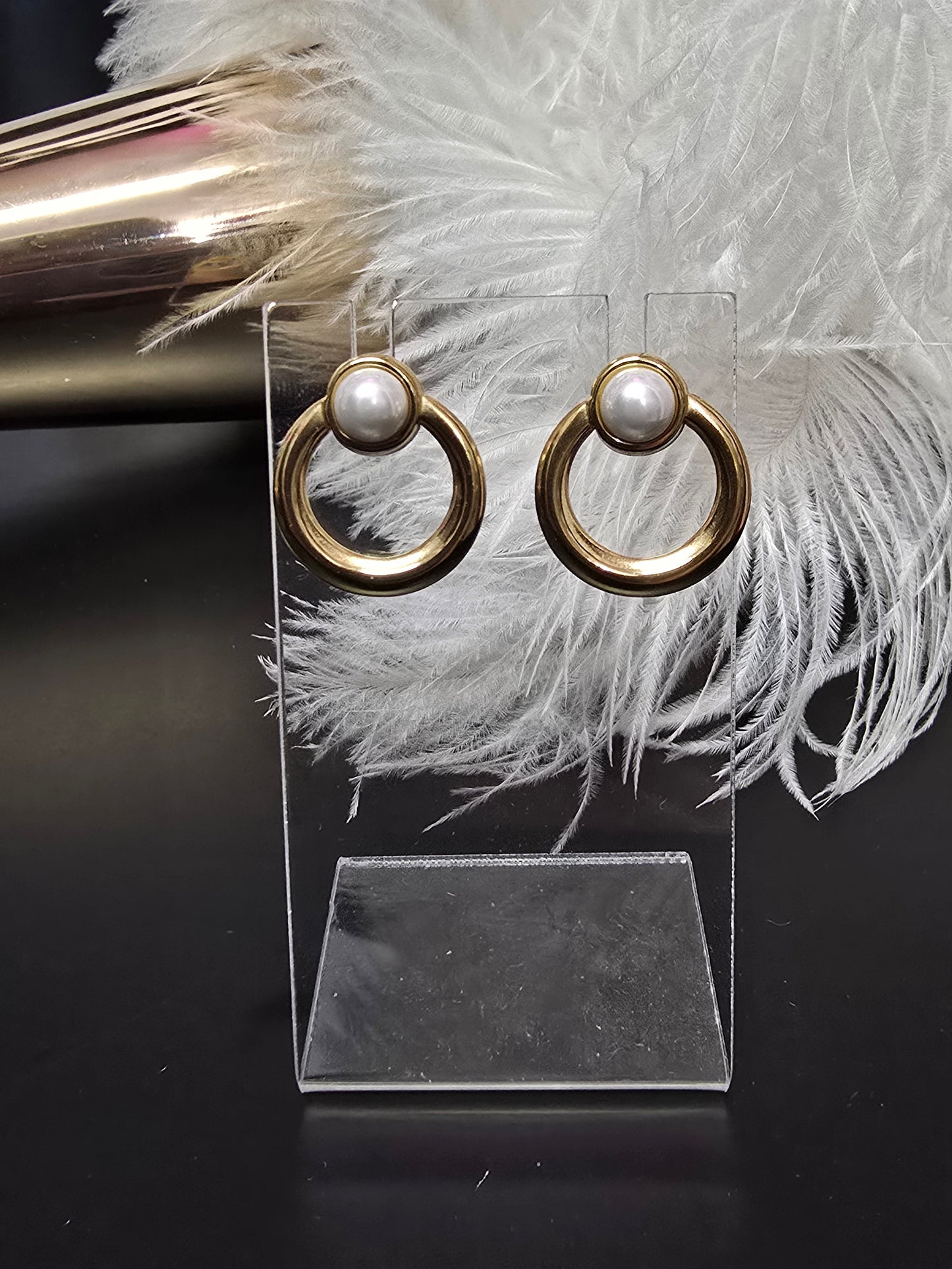Pearl & Gold Round Stainless Steel Earrings