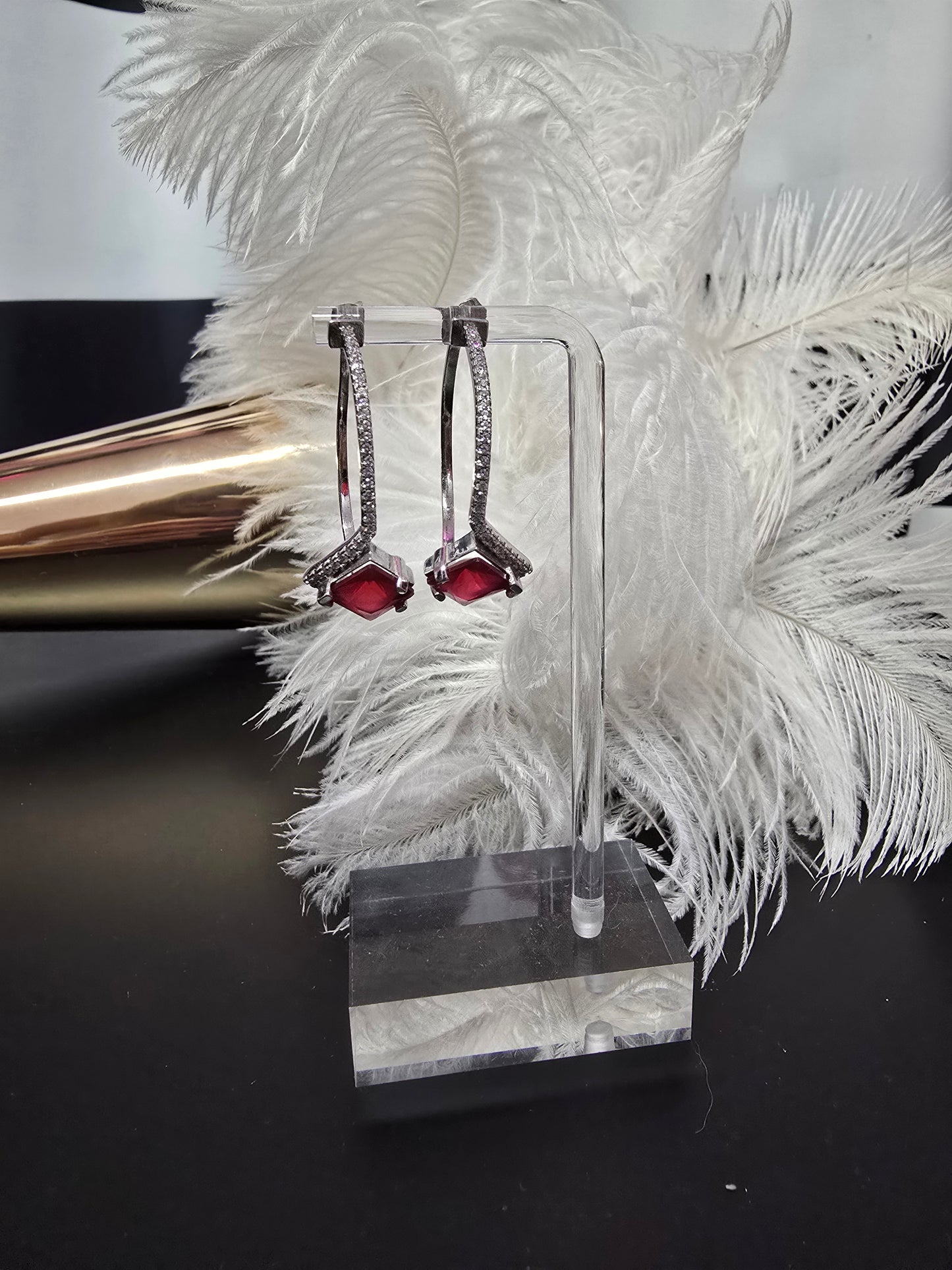 Rhinestones & Red Gem 9.25 Sterling Silver Earrings