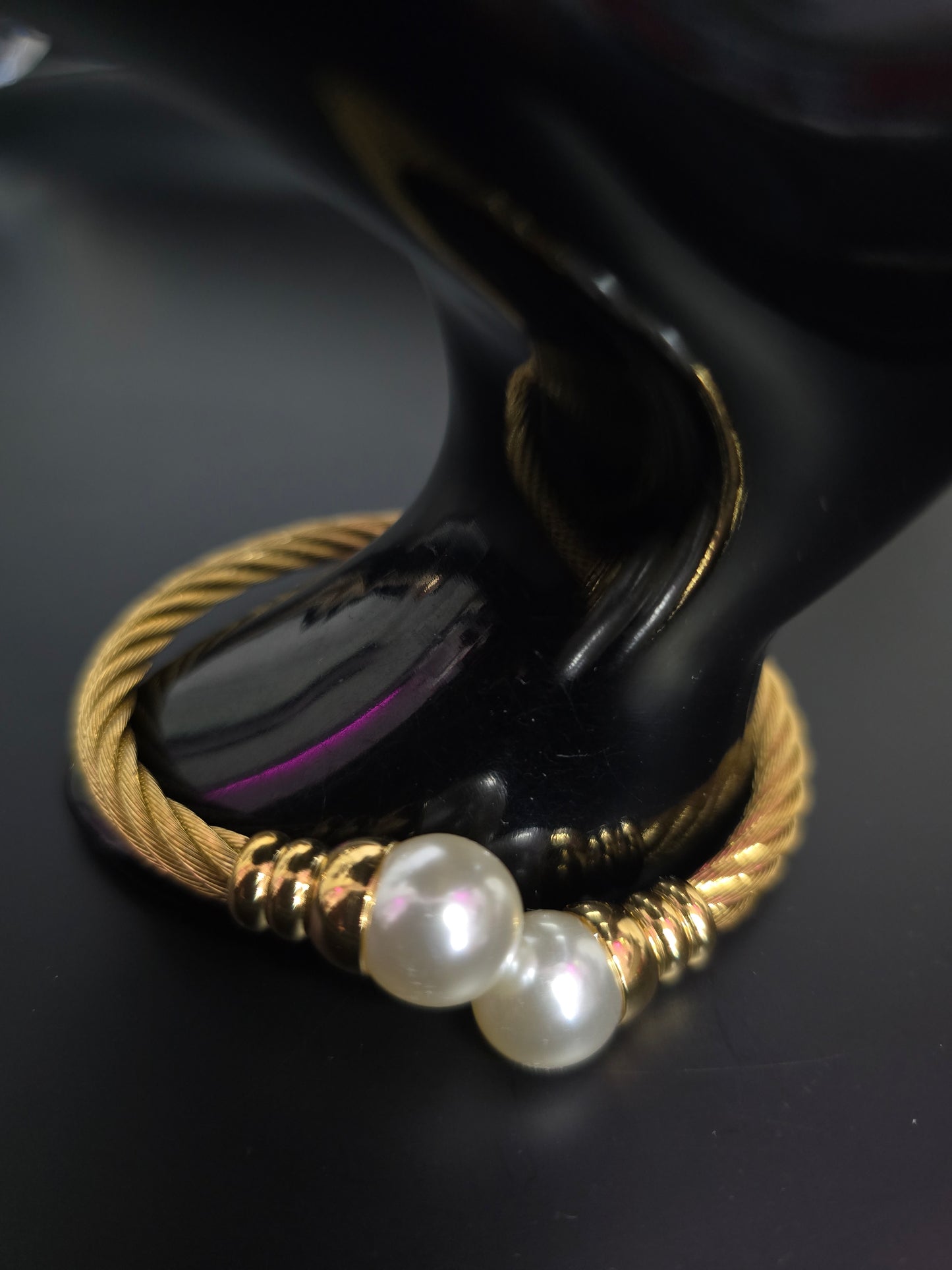 Gold Marine Cable & Pearl Stainless Steel Bangle