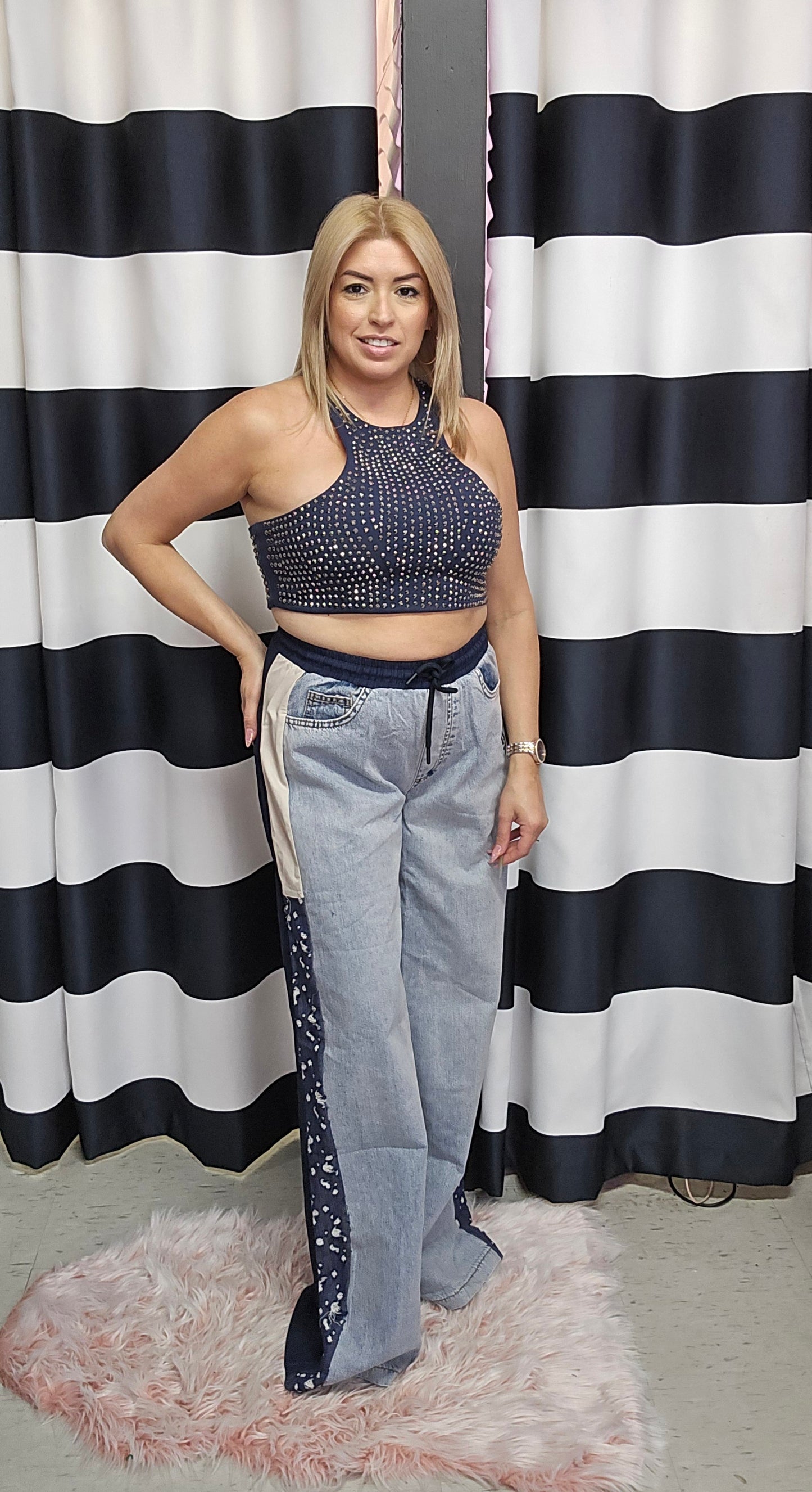 Navy Crystal Crop Top