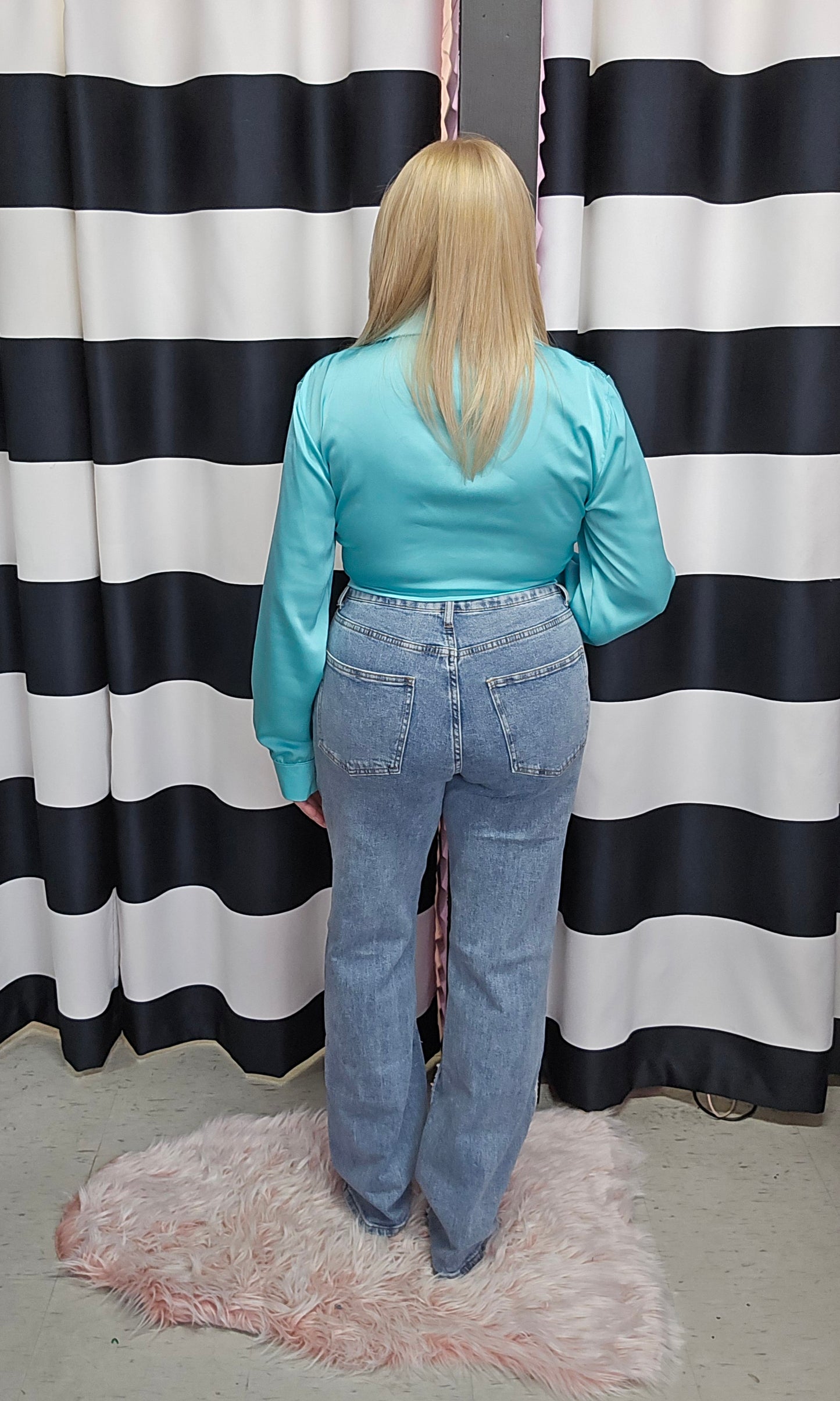 Aqua Tie Front Long Sleeve Blouse