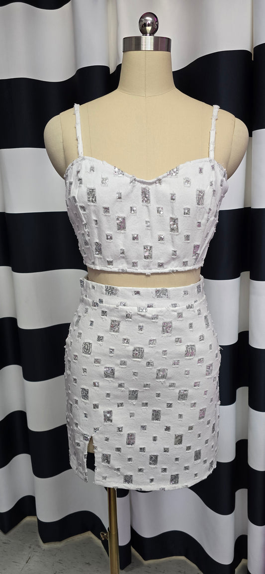White & Silver Sequin Crop Top & Skirt Set