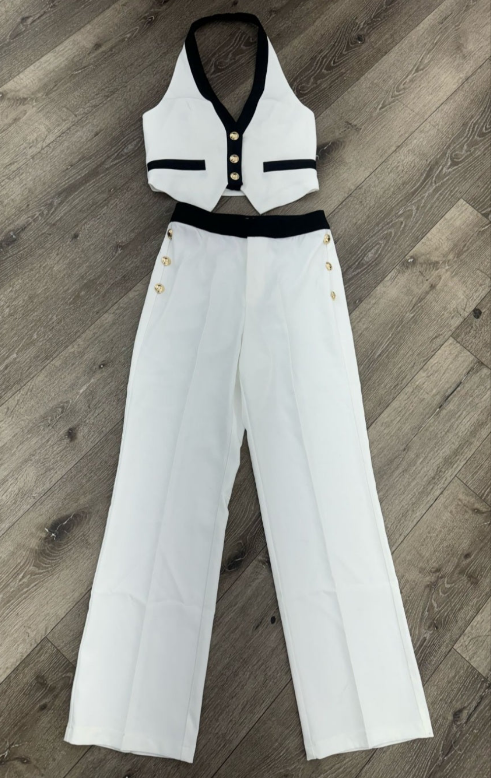 White & Black Trim Vest & Long Pant Set