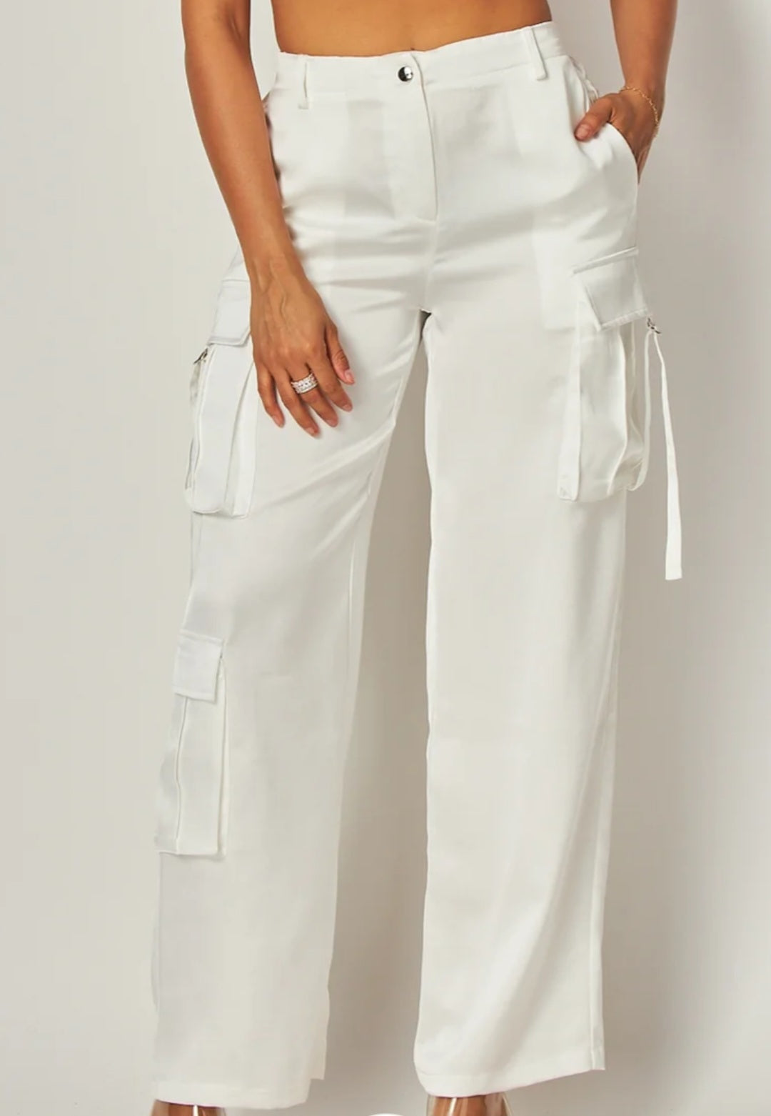 White Satin Cargo Pant