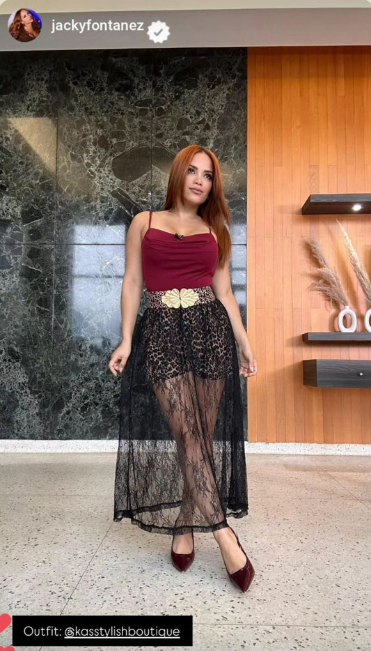 Lace Long Skirt with Leopard Pant Underneath