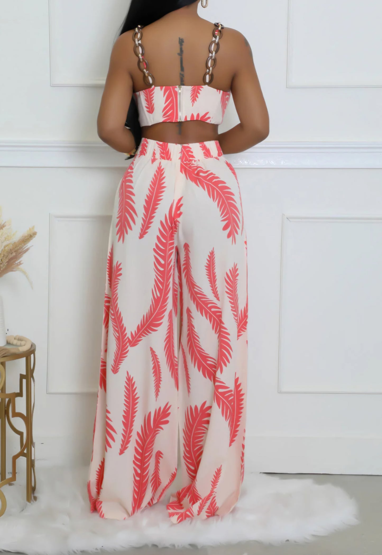 Coral Crop Top & Long Pant Set