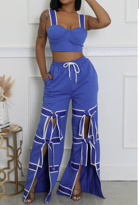 Blue Bows Crop Top & Long Pant Set