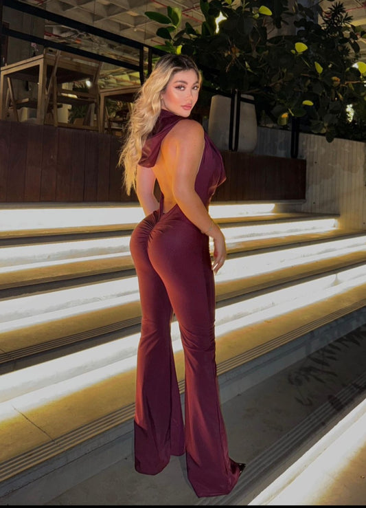 Wine Open Back Jumpsuit