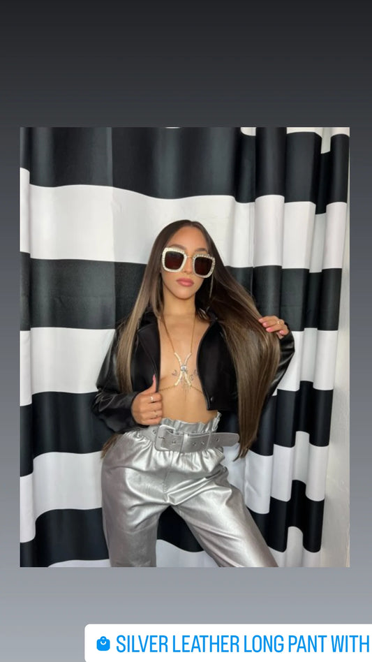 Silver Leather Long Pant with Belt