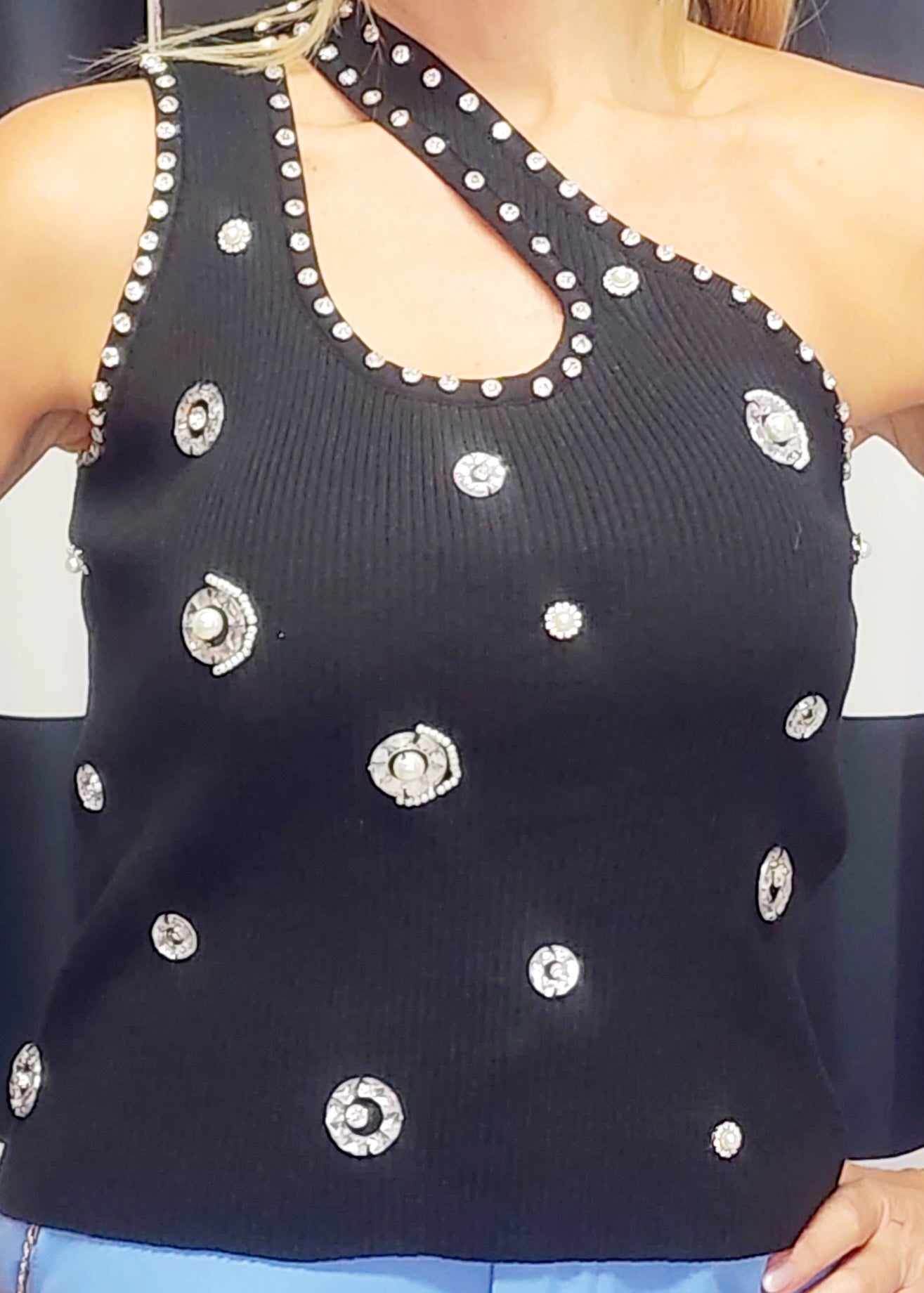 One Shoulder Rhinestones Basic Top