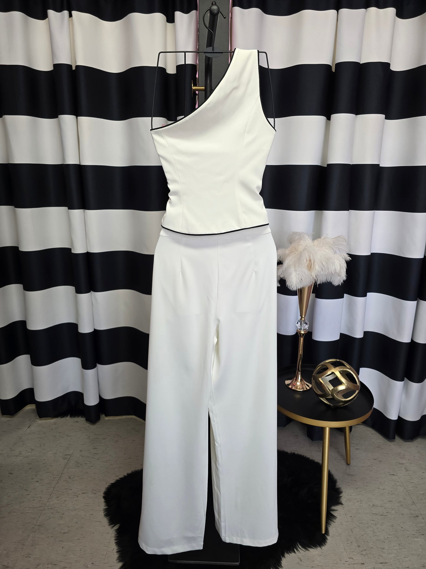 One Shoulder White Vest with Black Trim