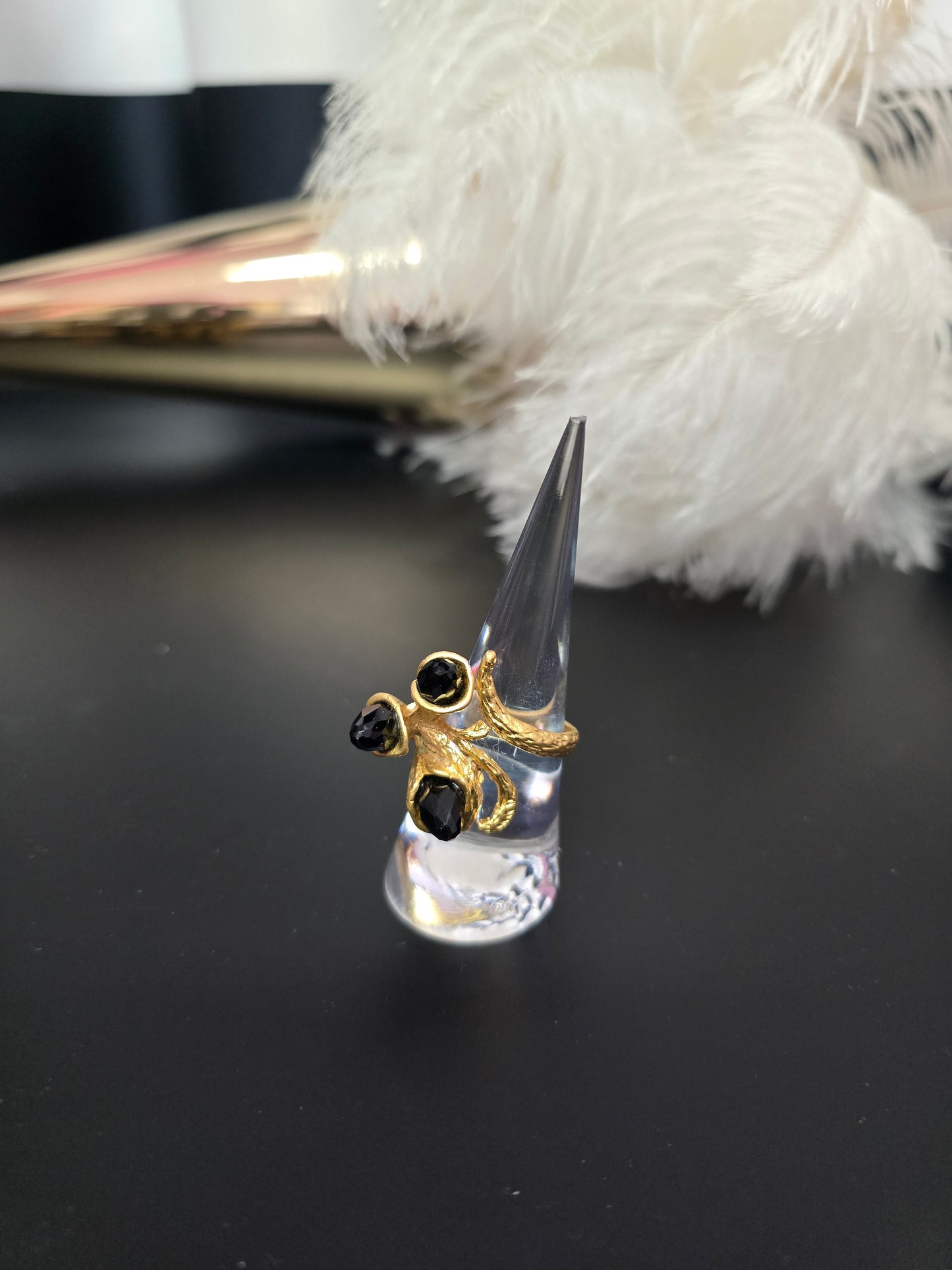 Gold & Black Gems Zamak Adjustable Ring