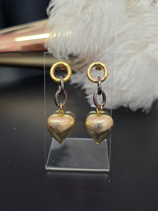 Gold Heart & Charcoal Grey Zamak Earrings