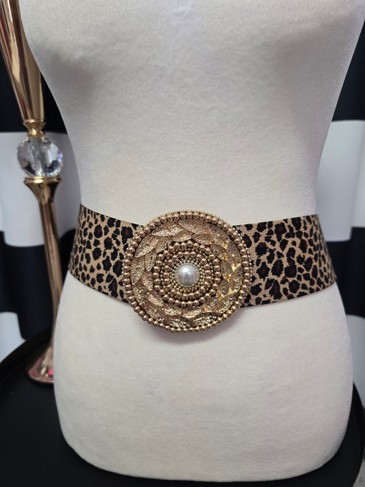 Round Buckle Leopard Stretch Belt