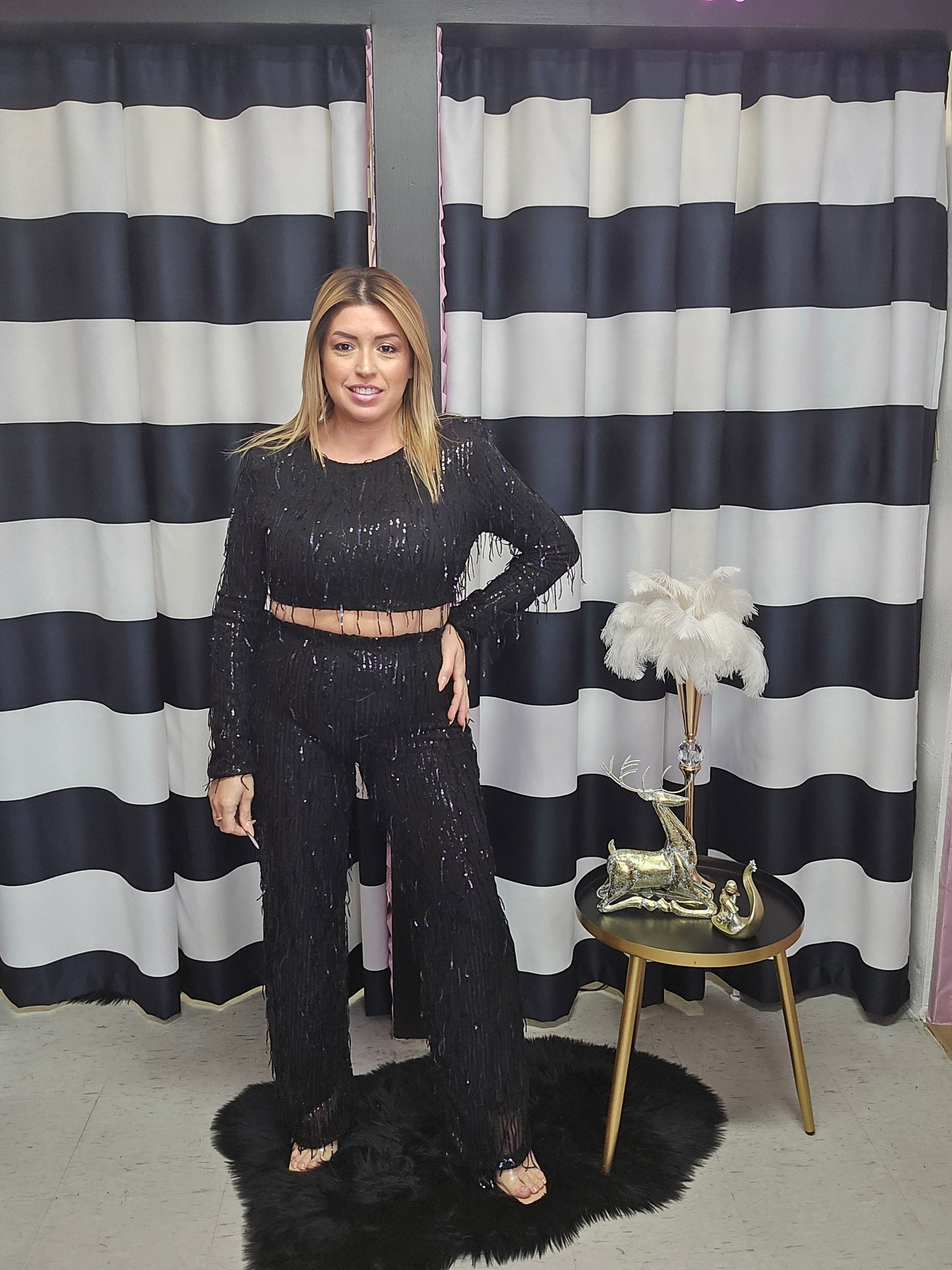 Black Sequin Long Pant & Crop Top Set