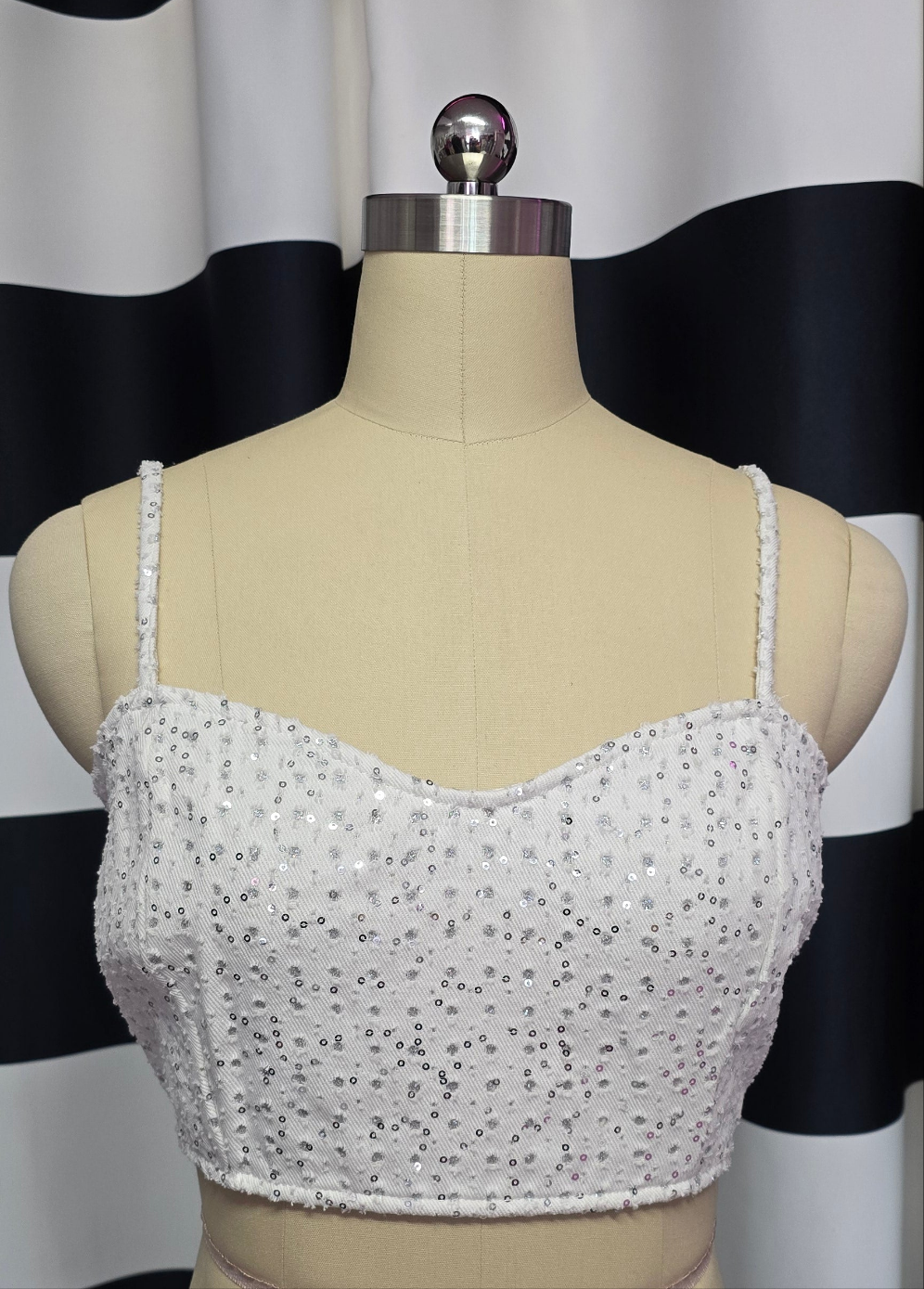 White with Silver Sequin Crop Top