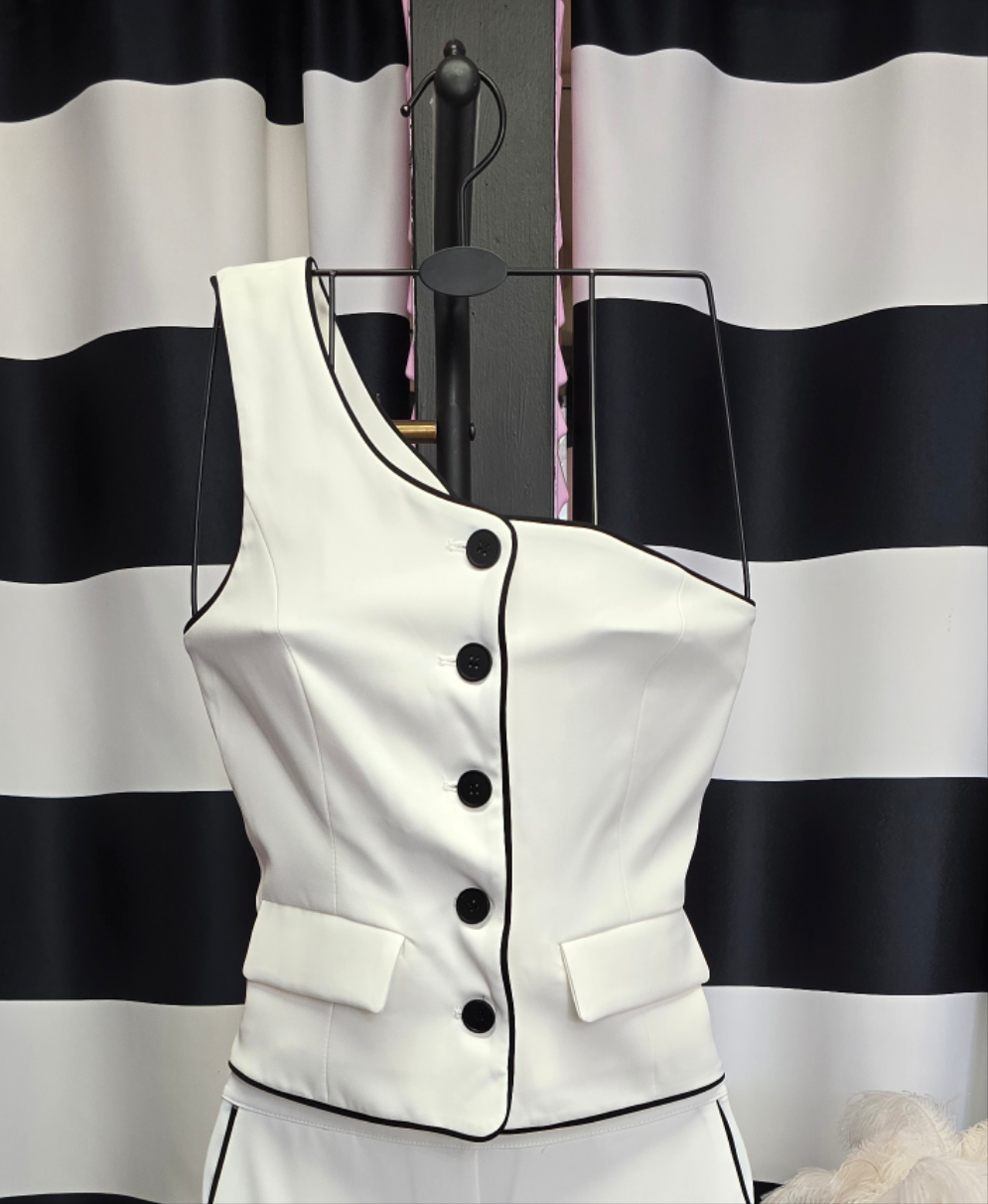 One Shoulder White Vest with Black Trim