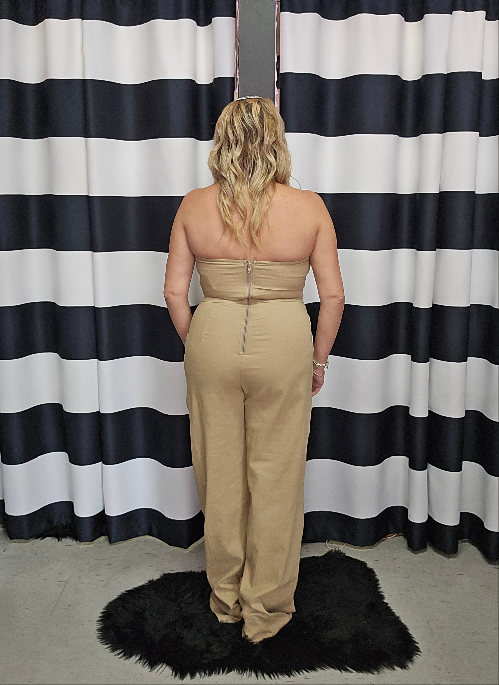 Tan Denim Jumpsuit with White Stripes