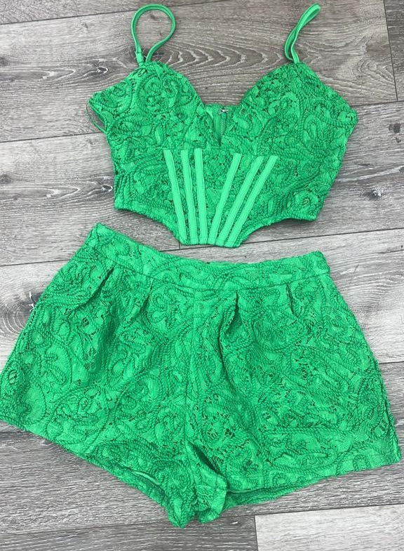 Green Lace Short Pant & Crop Top  Set