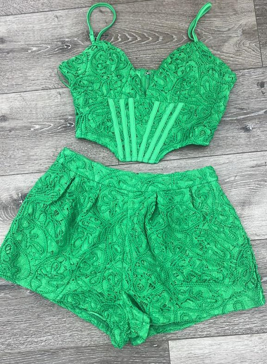 Green Lace Short Pant & Crop Top  Set