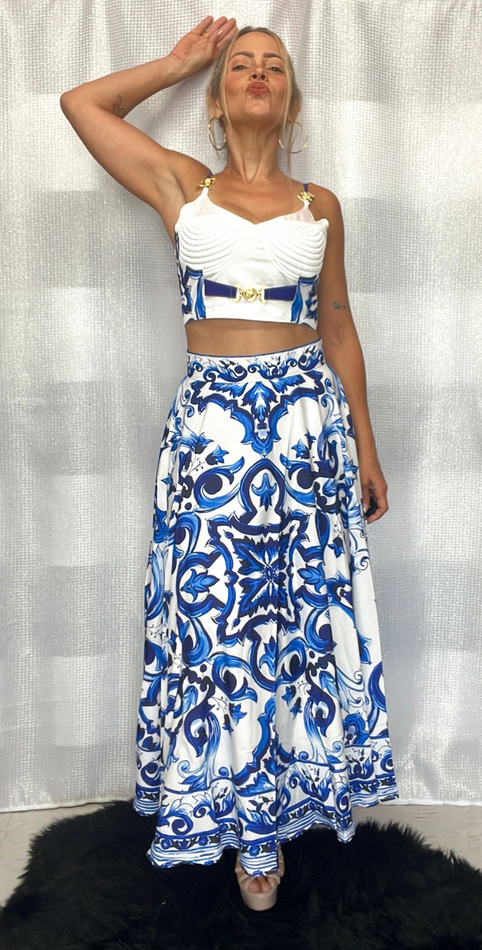 Long Skirt Set White & Blue