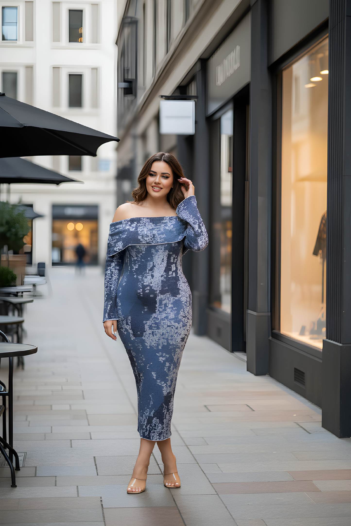 Off Shoulder Blue Midi Dress