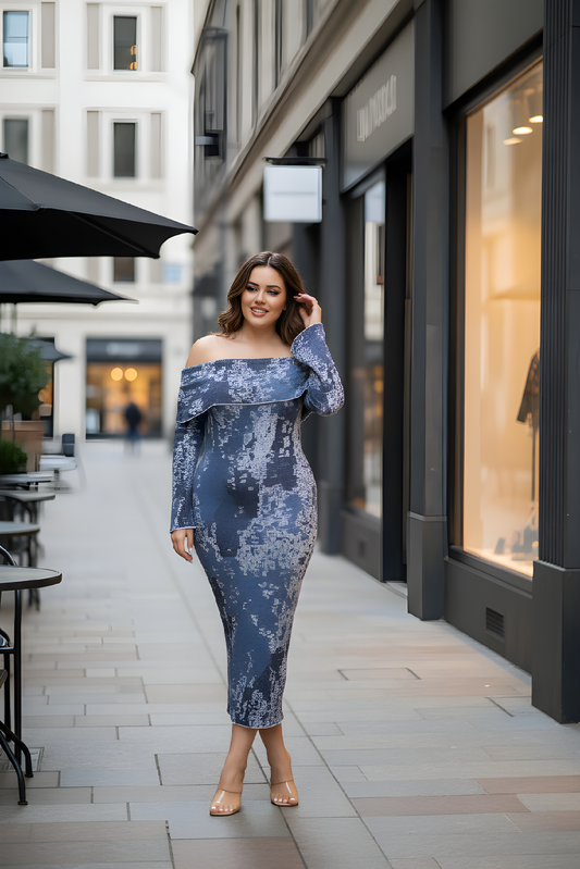 Off Shoulder Blue Midi Dress