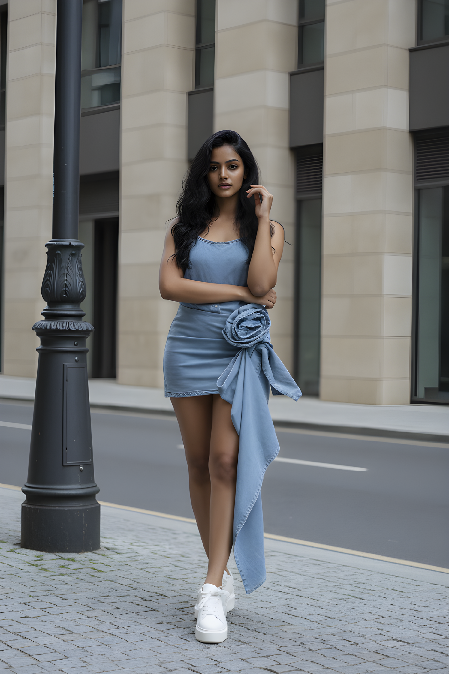 Denim Skirt with Oversized Flower
