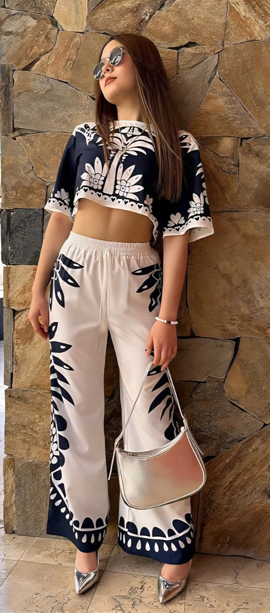White & Blue Long Pant Set