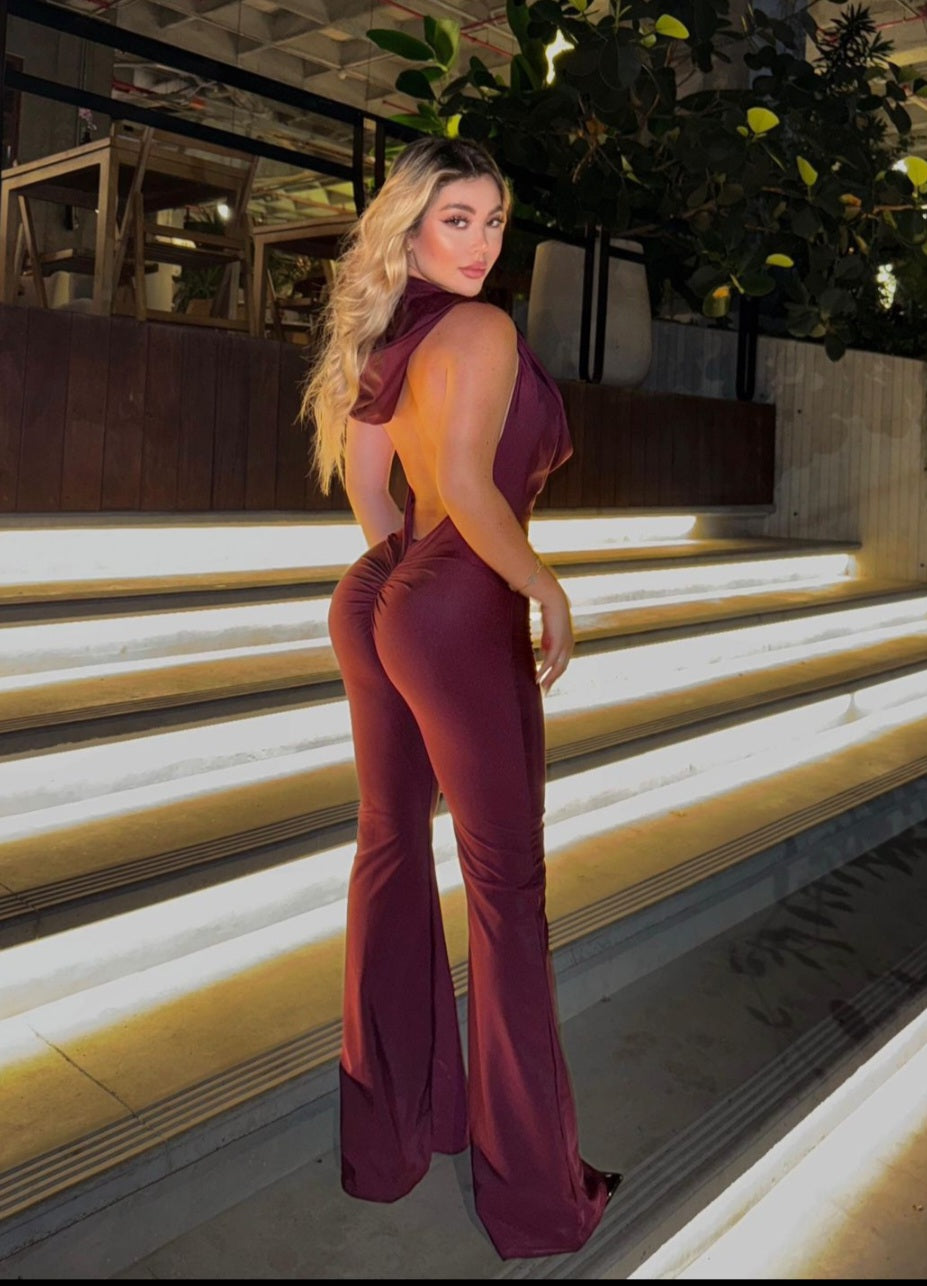 Wine Open Back Jumpsuit