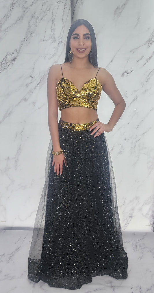 Black & Gold Sequin Long Skirt Set