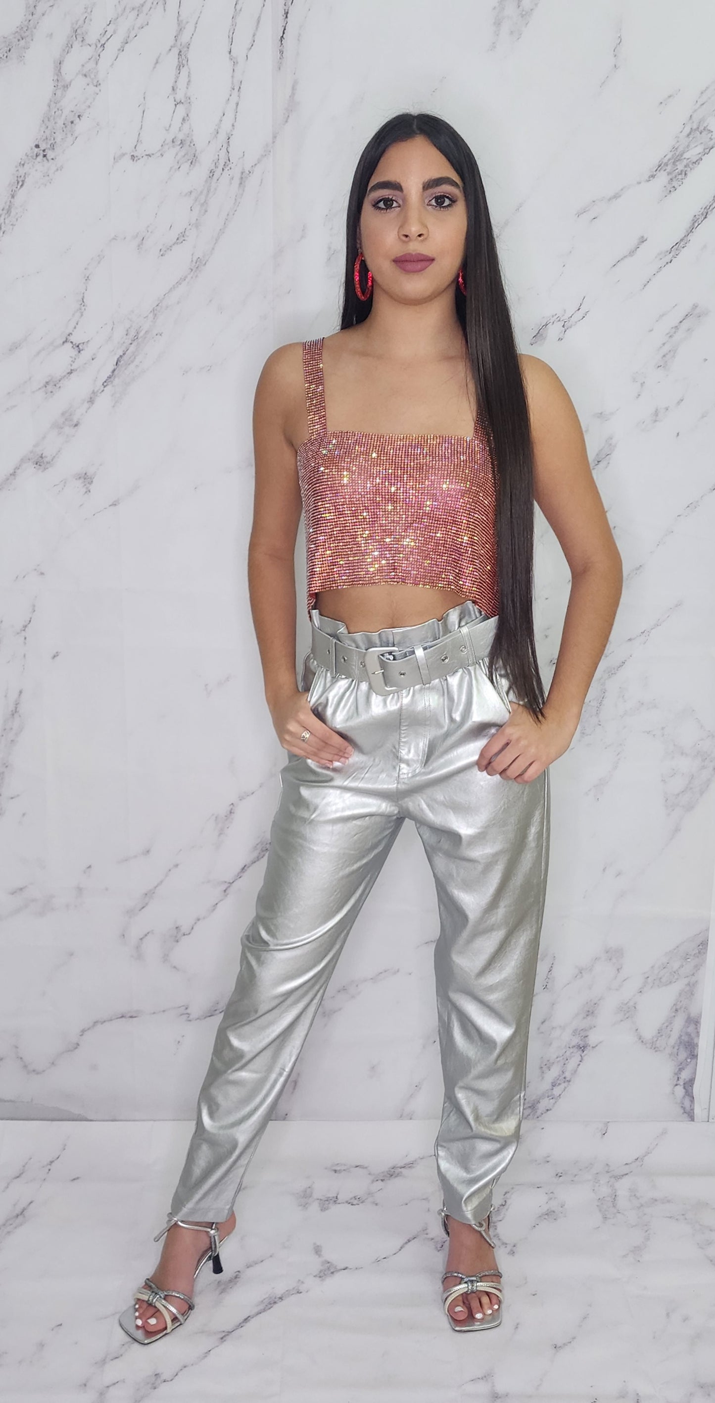 Silver Leather Long Pant with Belt