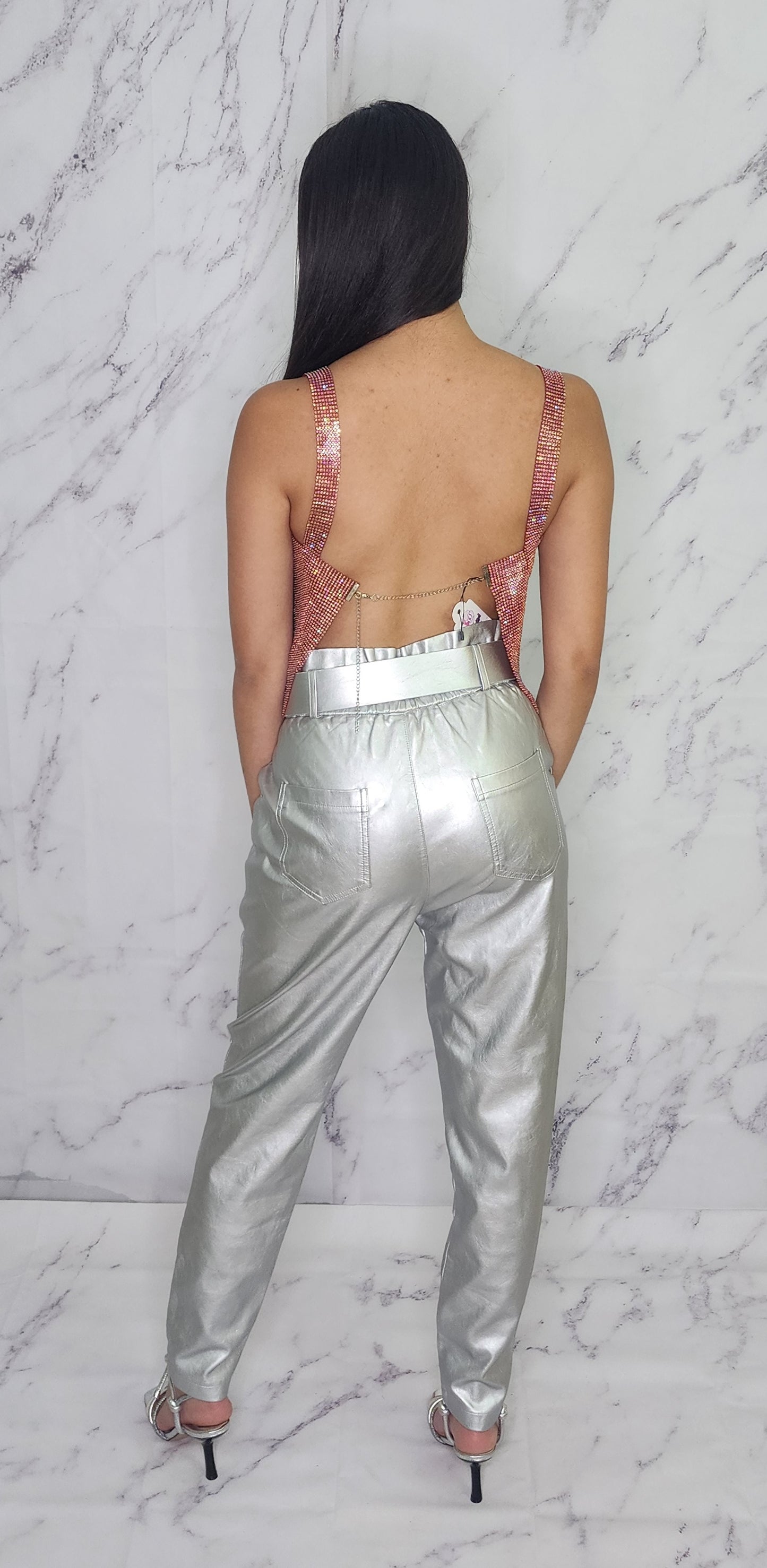 Silver Leather Long Pant with Belt