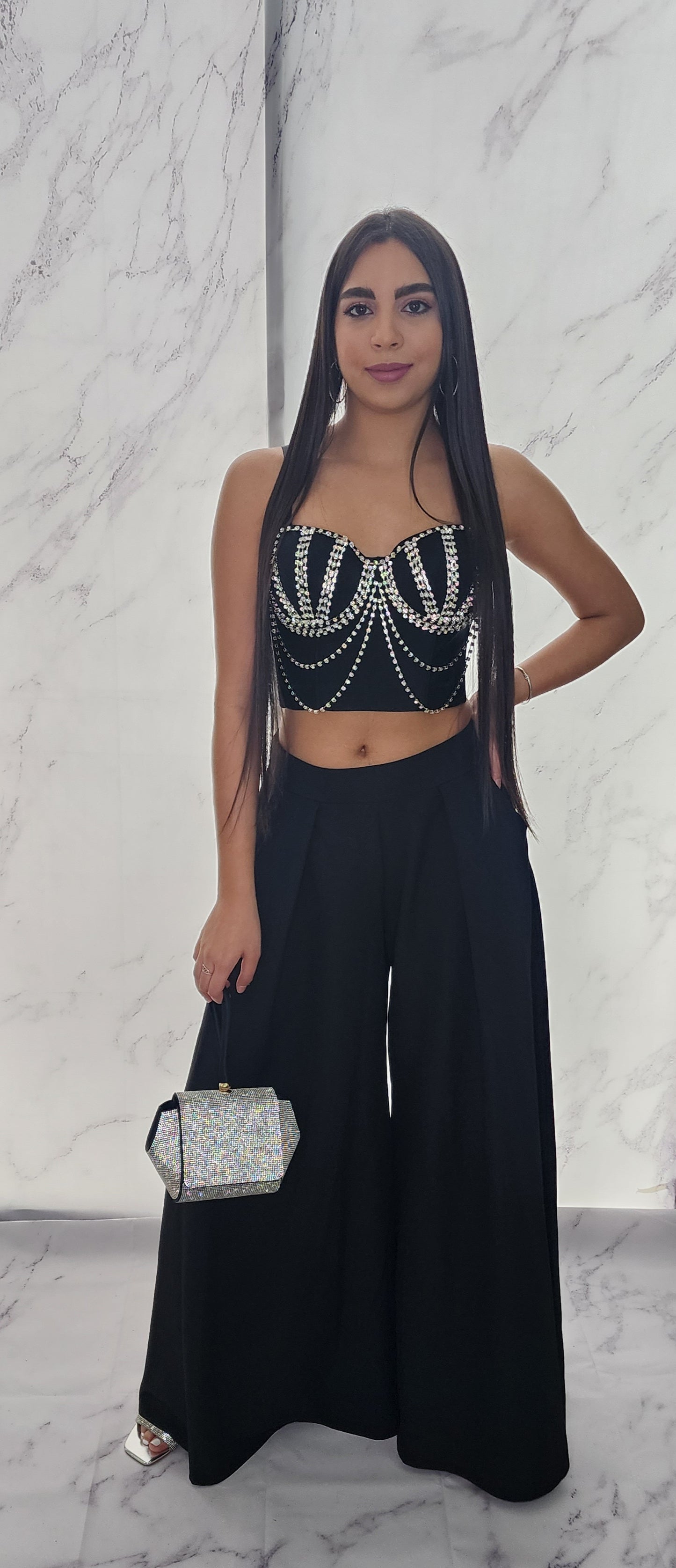 Black & Rhinestones Fashion Crop Top