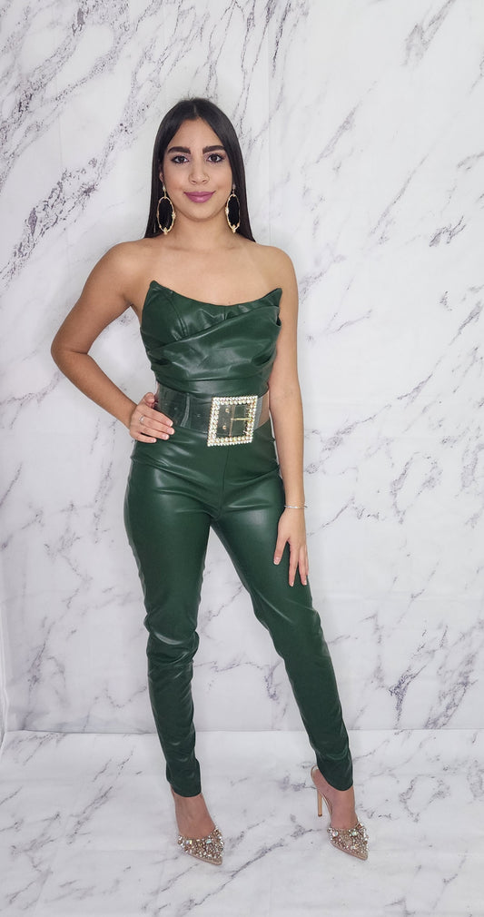 Green Leather Long Jumpsuit