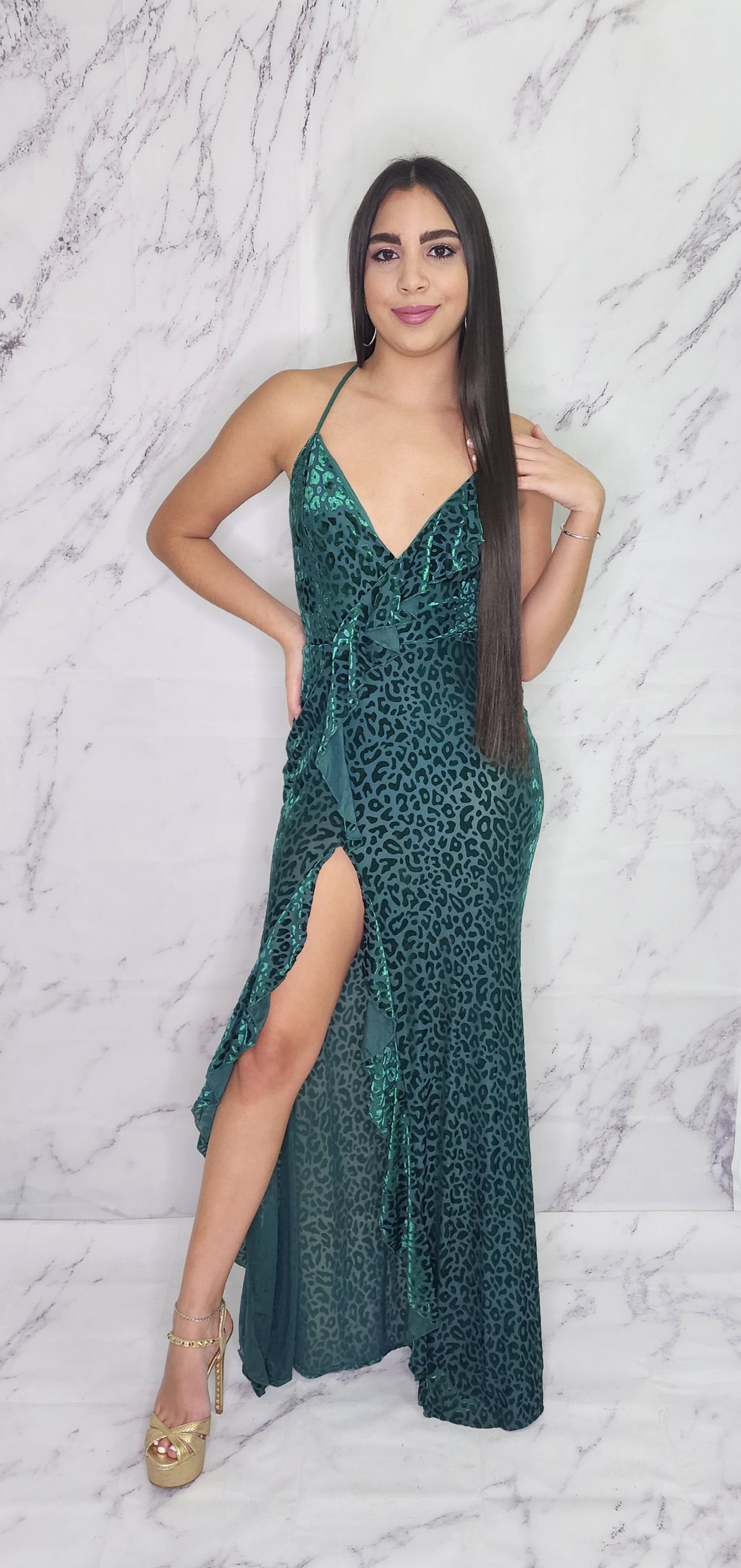 GREEN OPEN SIDE LONG DRESS