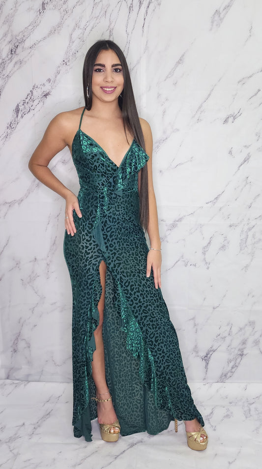 GREEN OPEN SIDE LONG DRESS