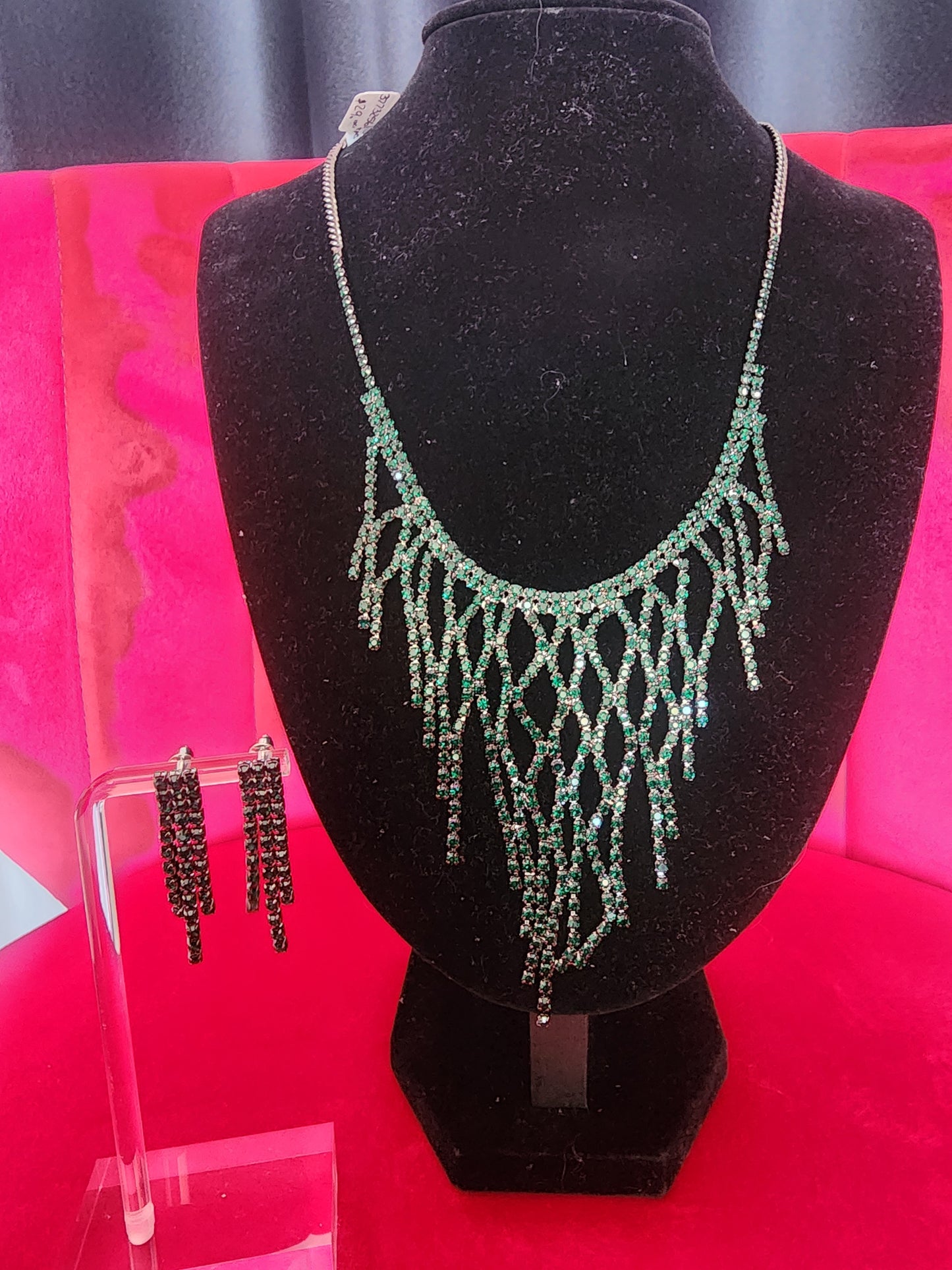 Green Rhinestones Necklace & Earings Set